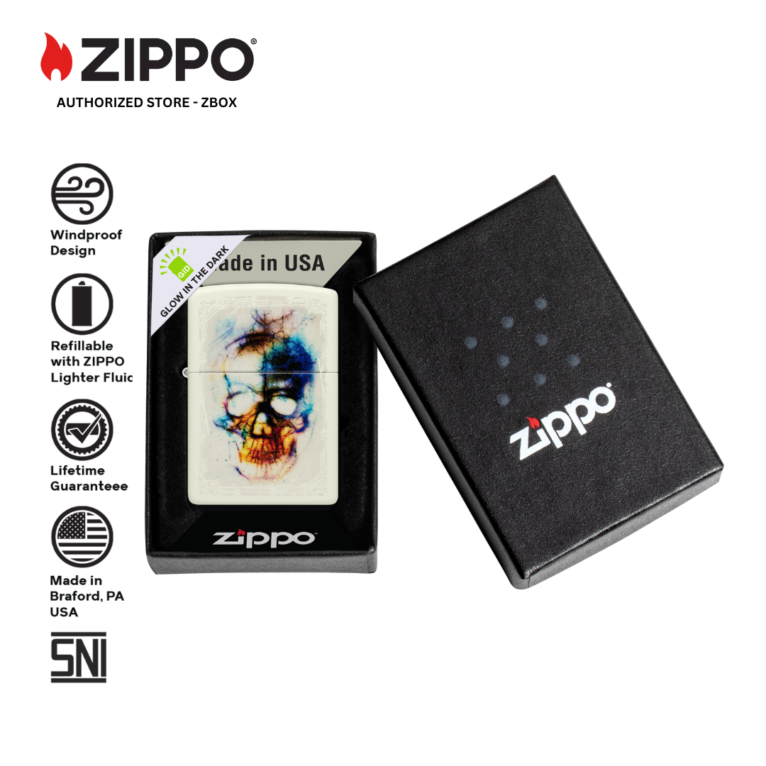 48563 - ZIPPO® Skull Print Glow in The Dark - White Matte