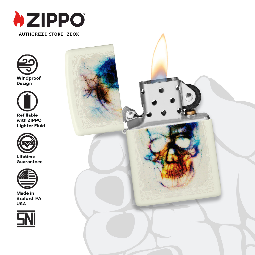 48563 - ZIPPO® Skull Print Glow in The Dark - White Matte