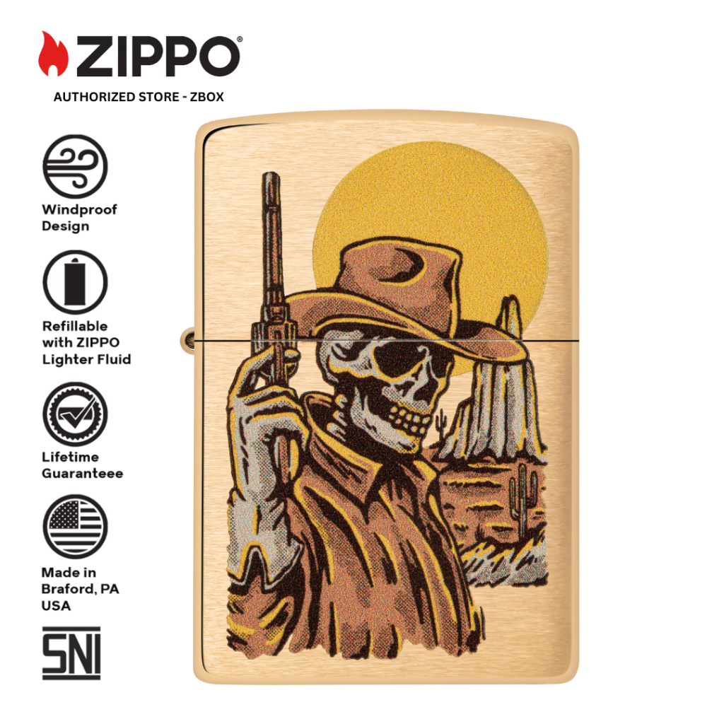 ZIPPO Original 48519 Cowboy Skull Design - Brushed Brass with Colour Image - Korek Api Windproof USA