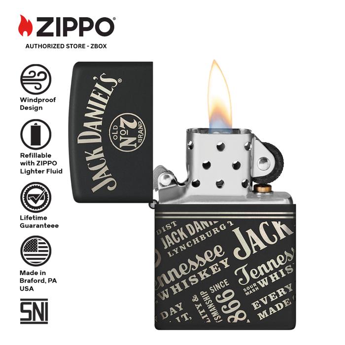 46279 - ZIPPO® Jack Daniel's® Logos & Slogans Design - Black Matte with 360° Laser Engraving