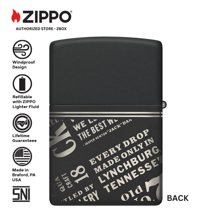 46279 - ZIPPO® Jack Daniel's® Logos & Slogans Design - Black Matte with 360° Laser Engraving