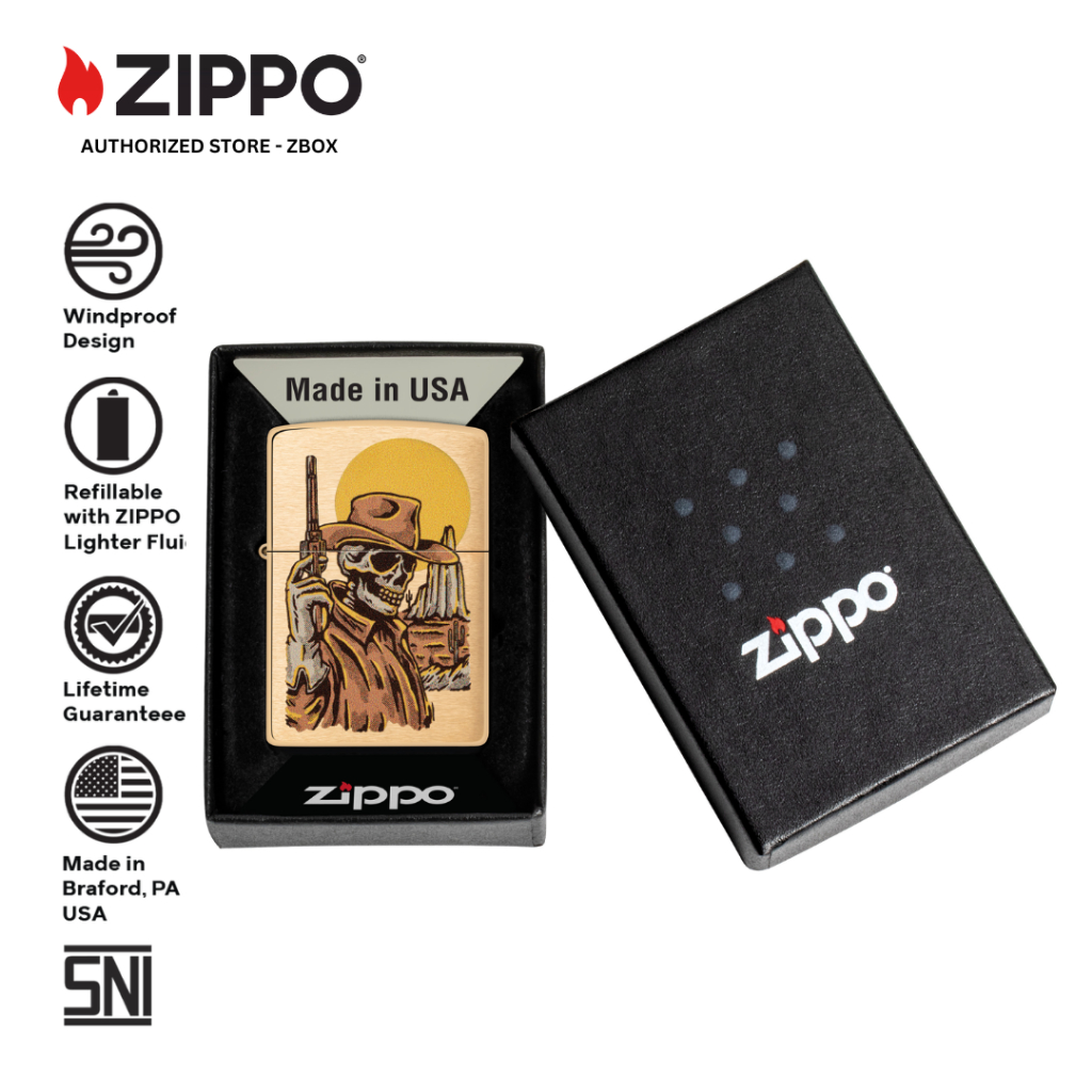 ZIPPO Original 48519 Cowboy Skull Design - Brushed Brass with Colour Image - Korek Api Windproof USA