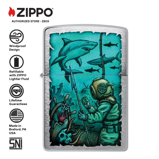 Image of ZIPPO Original 48561 Shark Nautical Design - Brushed Chrome, with Colour Image - Korek Api Windproof USA