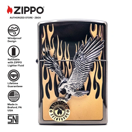 Image of ZA-1-79a - ZIPPO Into The Flame Eagle, High Polish Black with Printed Image and Emblem Decoration - Highly Collectible and Hard to Find
