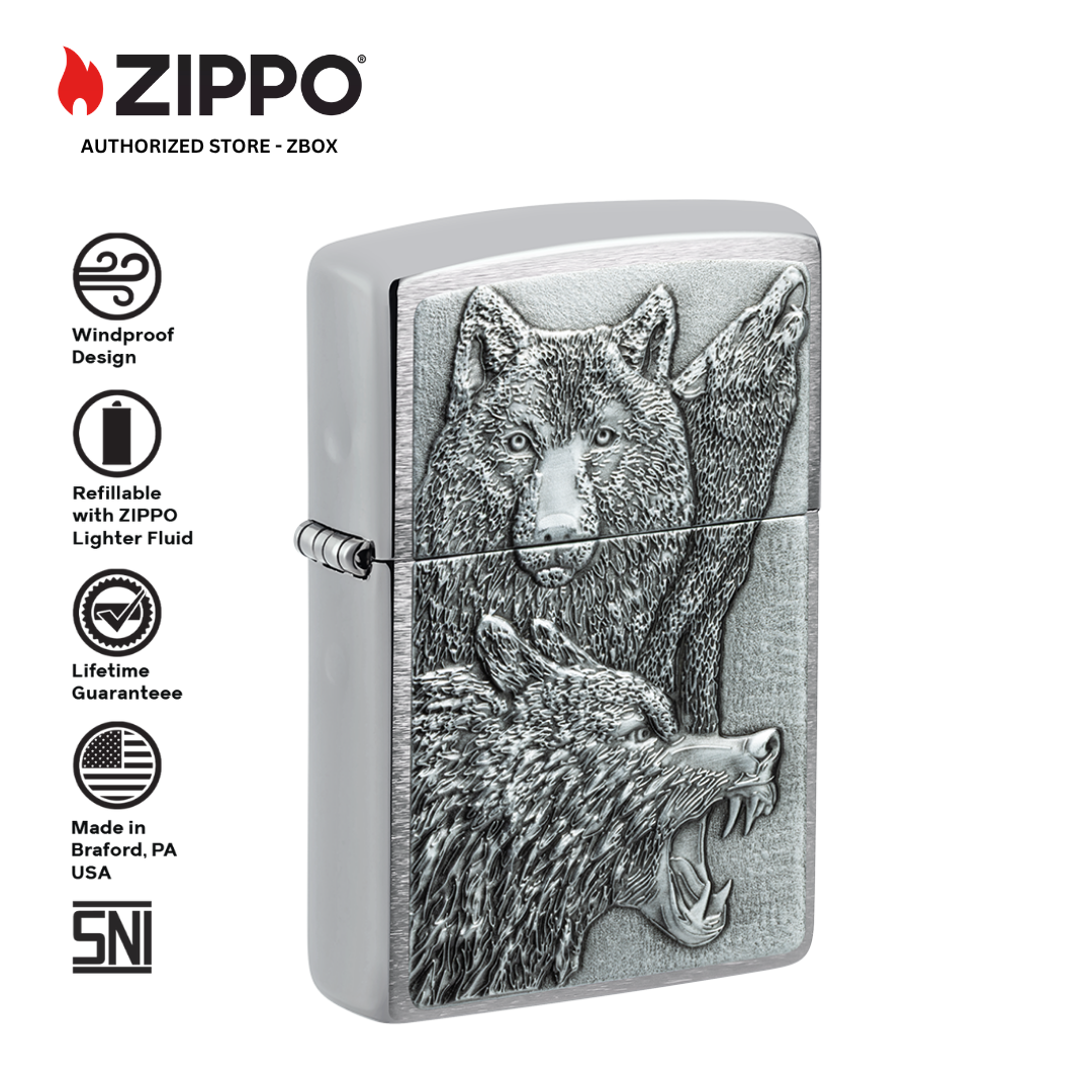 46960 - ZIPPO Wolf Pack Emblem Brushed Chrome