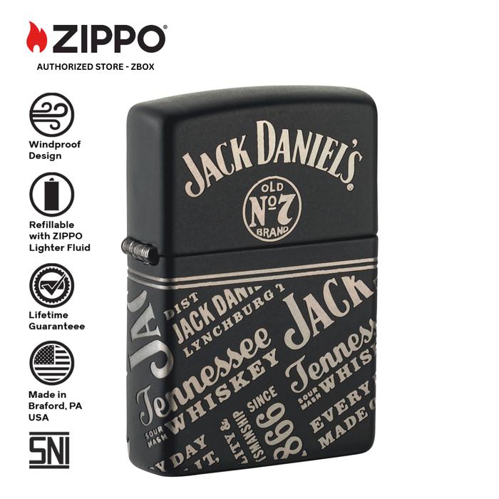 46279 - ZIPPO® Jack Daniel's® Logos & Slogans Design - Black Matte with 360° Laser Engraving