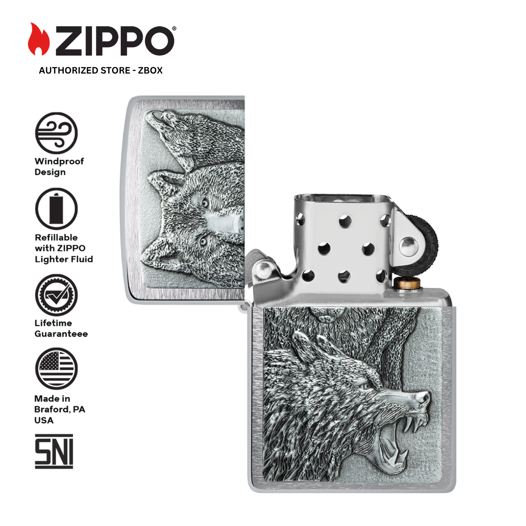46960 - ZIPPO Wolf Pack Emblem Brushed Chrome