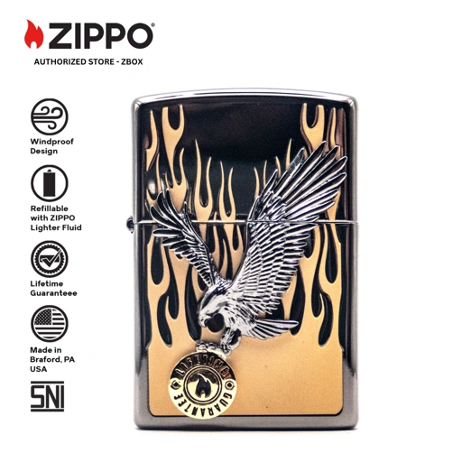 Image of ZIPPO® Into The Flame Eagle - High Polish Black with Colour Image and Emblem Attached