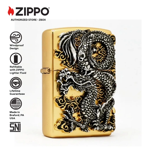 Image of ZIPPO® Flying Dragon - Gold/ Brass with Emblem Attached