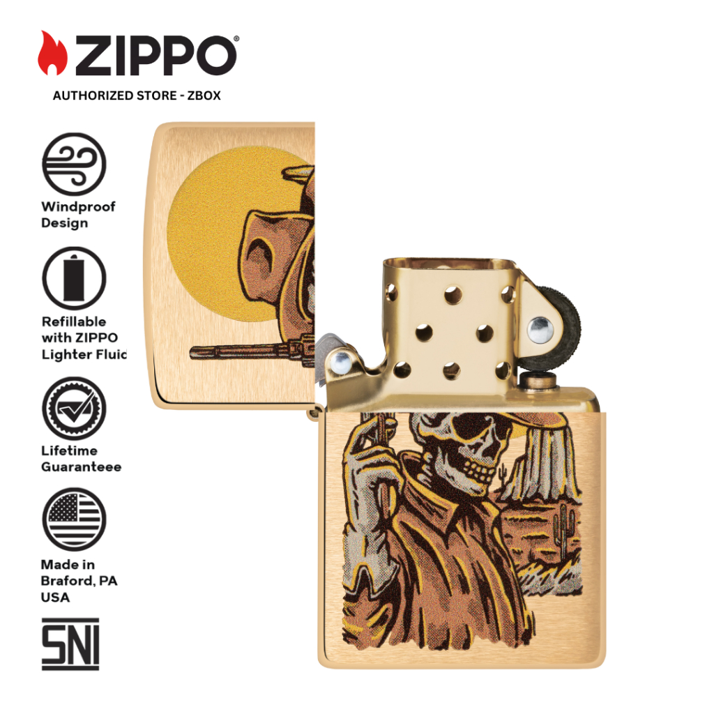 ZIPPO Original 48519 Cowboy Skull Design - Brushed Brass with Colour Image - Korek Api Windproof USA