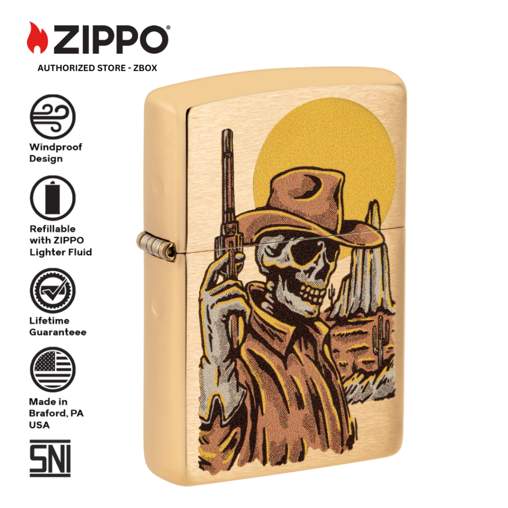 ZIPPO Original 48519 Cowboy Skull Design - Brushed Brass with Colour Image - Korek Api Windproof USA