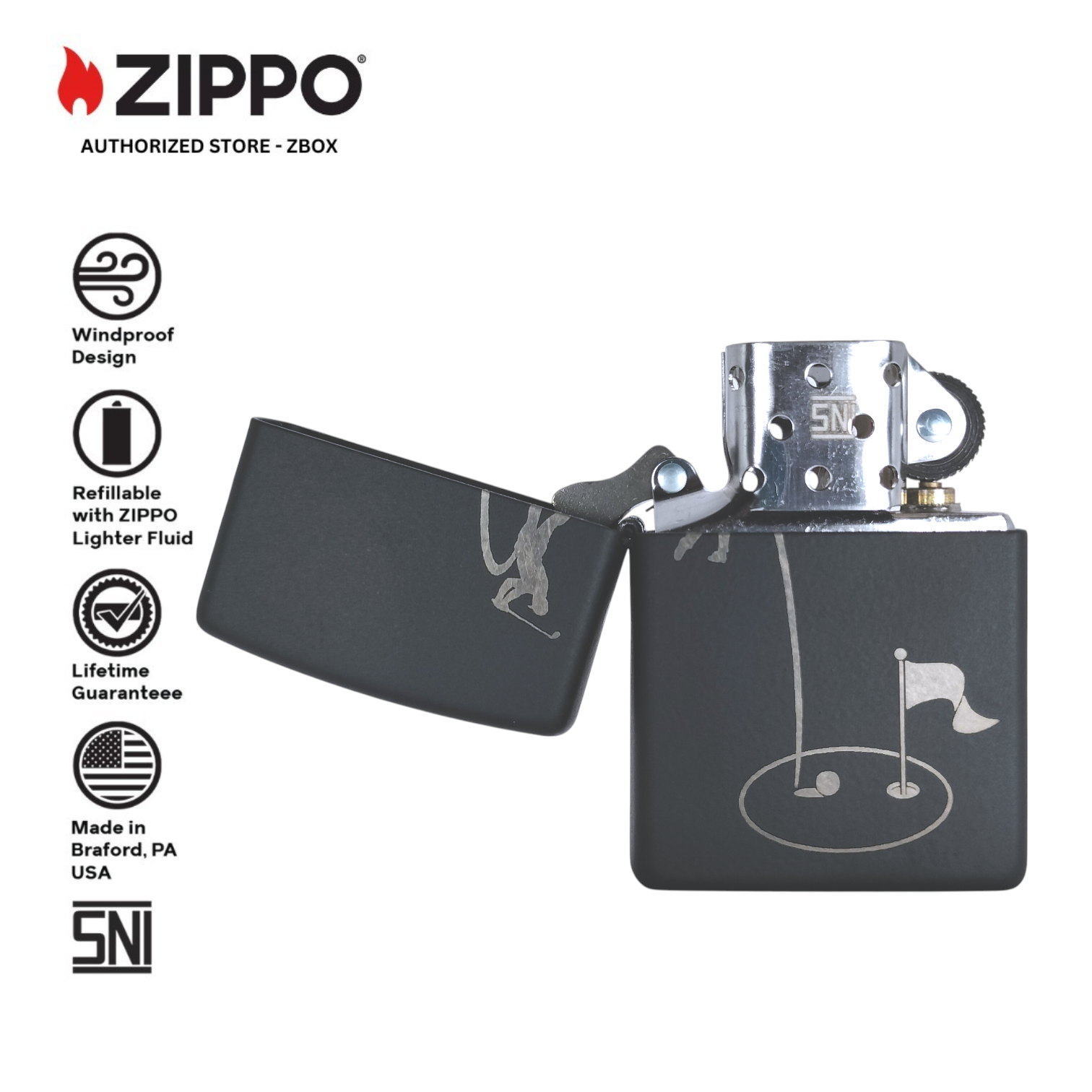 ZI-21805 – ZIPPO Golf Hole-in-One, Matte Black, Laser Engraving