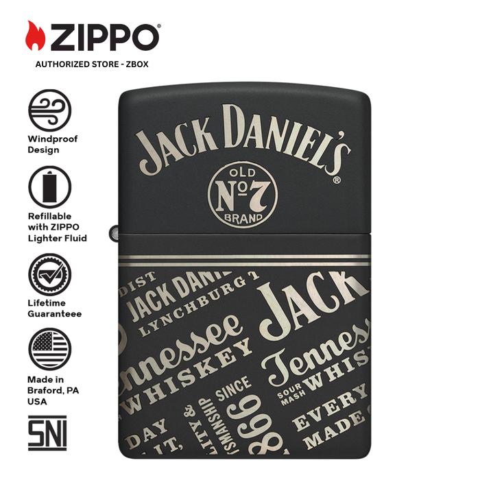 46279 - ZIPPO® Jack Daniel's® Logos & Slogans Design - Black Matte with 360° Laser Engraving