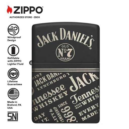 Image of 46279 - ZIPPO® Jack Daniel's® Logos & Slogans Design - Black Matte with 360° Laser Engraving