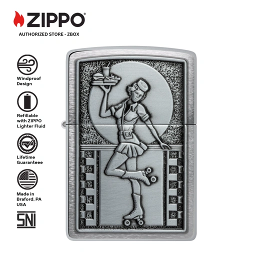 Image of 48904 Zippo Rolling Waitress w/Emblem -Brushed Chrome, Emblem Attached