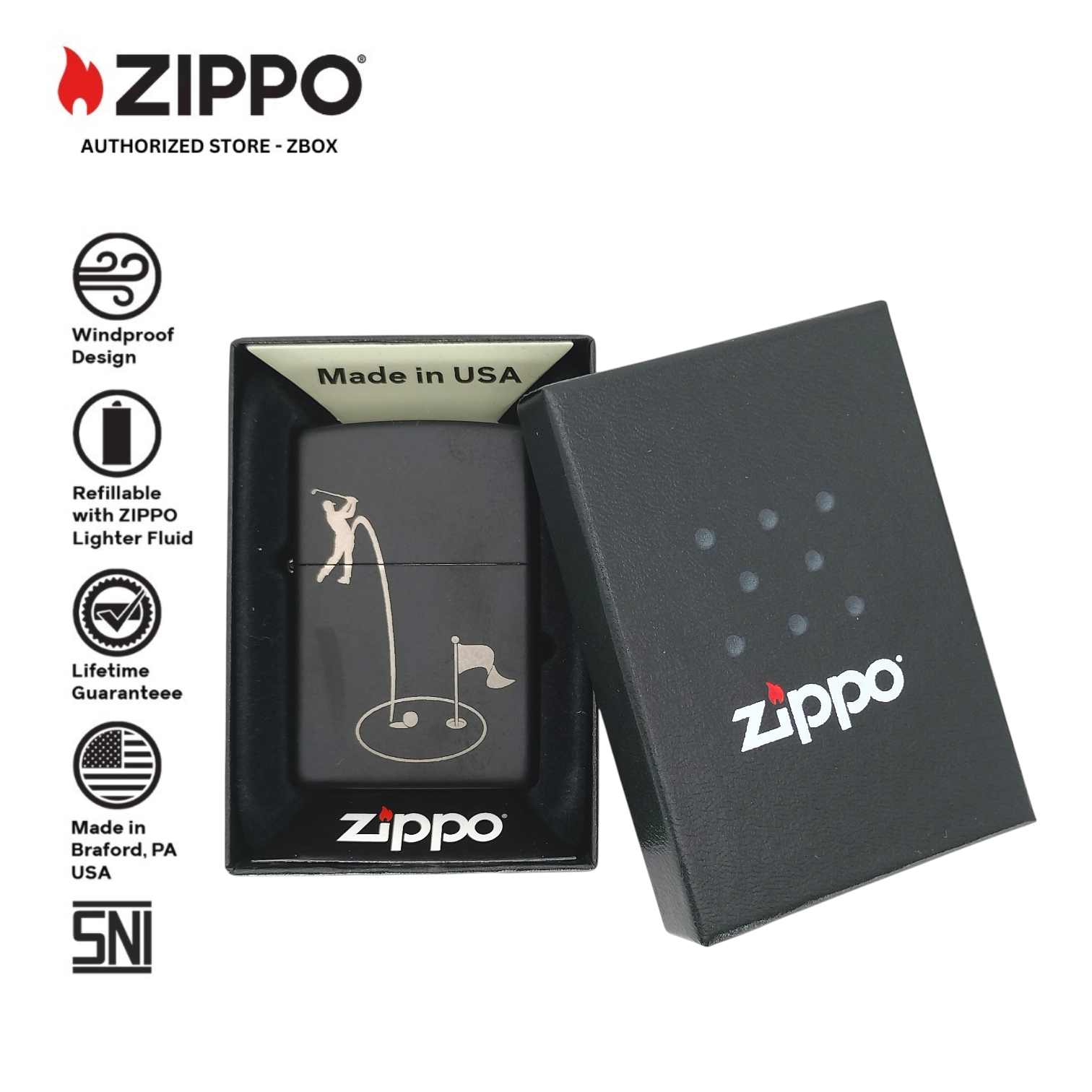 ZI-21805 – ZIPPO Golf Hole-in-One, Matte Black, Laser Engraving