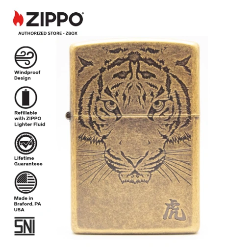 Image of ZIPPO Original ZA-1-95b Tiger Face - Brass Finish with Engraving - Korek Api Windproof USA