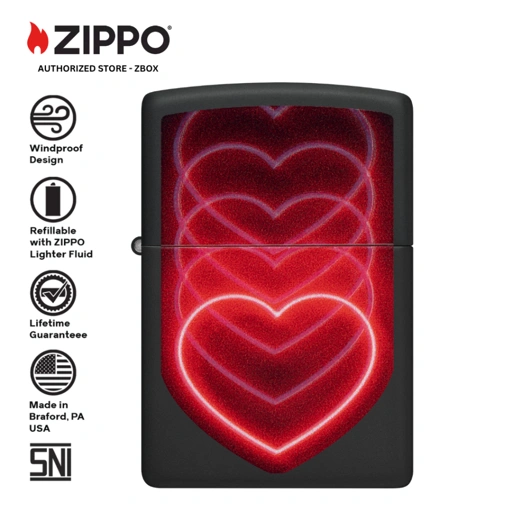 Image of ZIPPO Original 48593 Hearts Design - Black Matte with Black Light Colour Image - Korek Api Windproof USA
