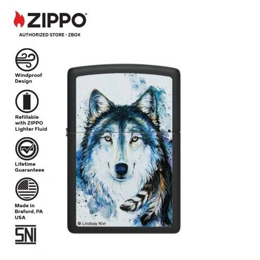Image of 48936 - ZIPPO® Lindsay Kivi Good Wolf Design - Black Matte with Colour Image