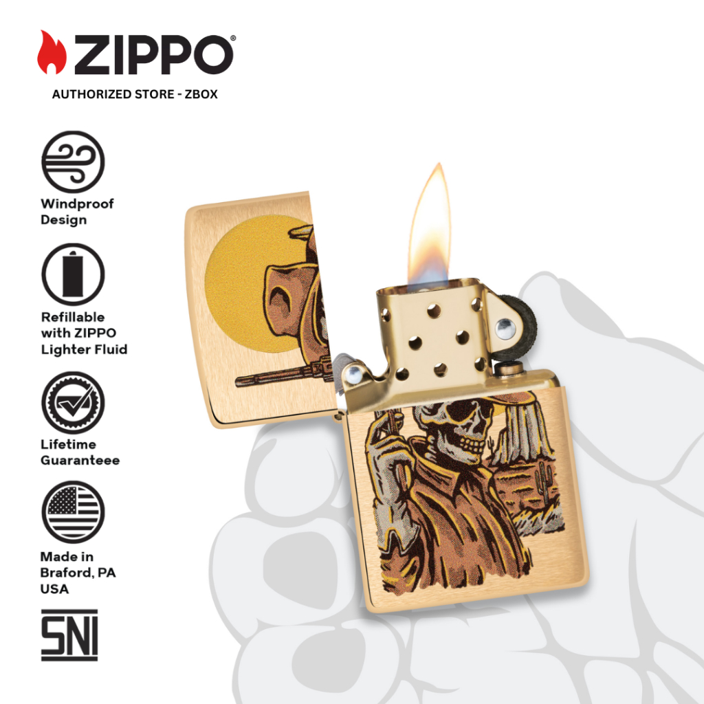 ZIPPO Original 48519 Cowboy Skull Design - Brushed Brass with Colour Image - Korek Api Windproof USA