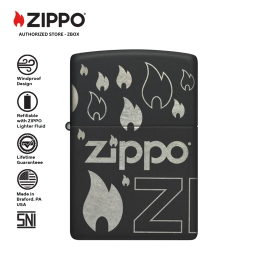 Image of ZIPPO Original 48908 Flame - Matte Black with Laser 360° - Korek Api Windproof USA