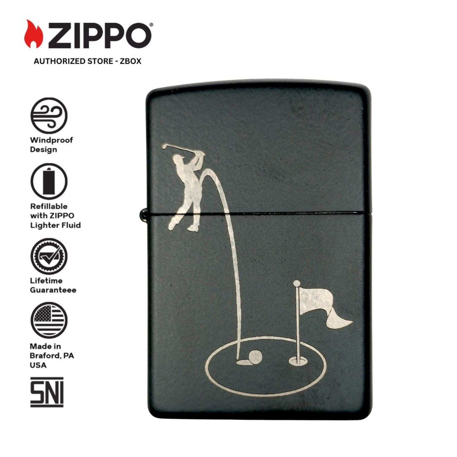 ZI-21805 – ZIPPO Golf Hole-in-One, Matte Black, Laser Engraving