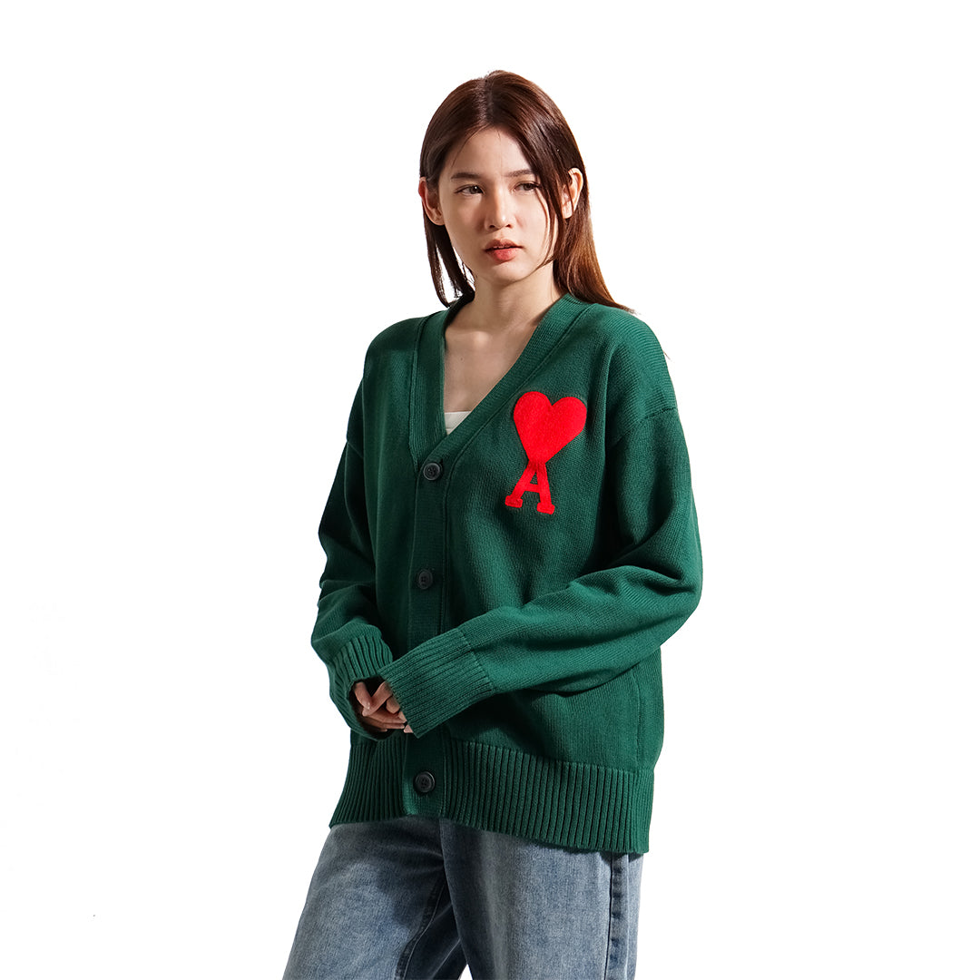 AMI Red Heart Embroidery Knitted Cardigan