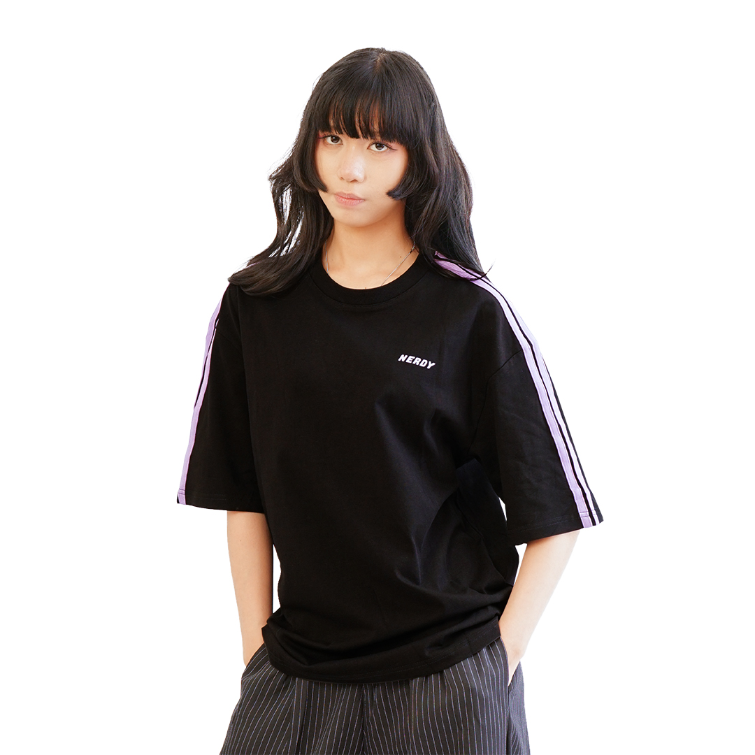 Nerdy Sporty Shoulder Stripes Retro Logo T-Shirt