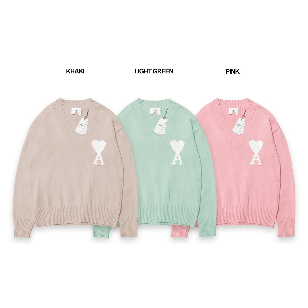 AMI White Heart Knitted V-Neck Sweater