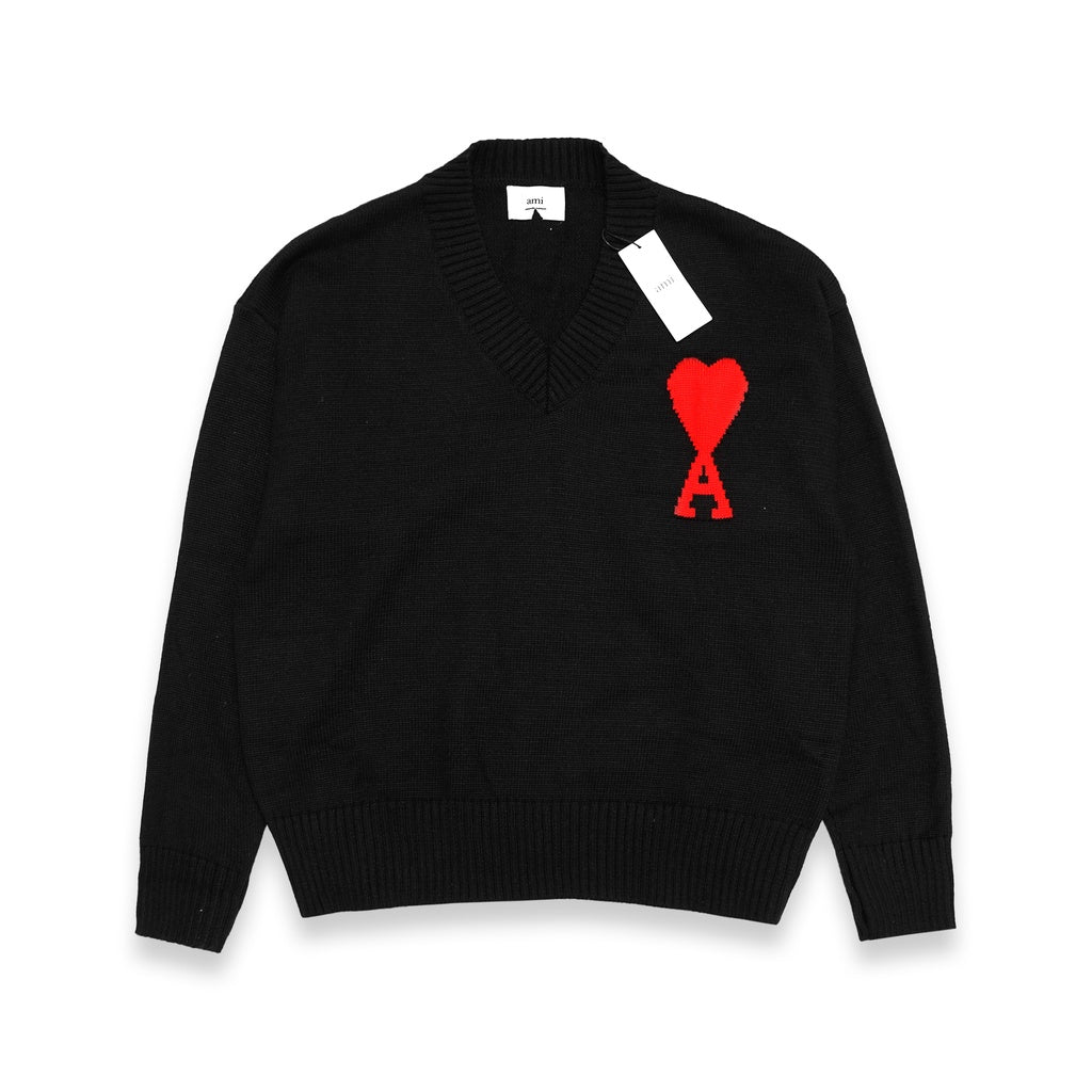 AMI Red Heart Knitted V-Neck Sweater