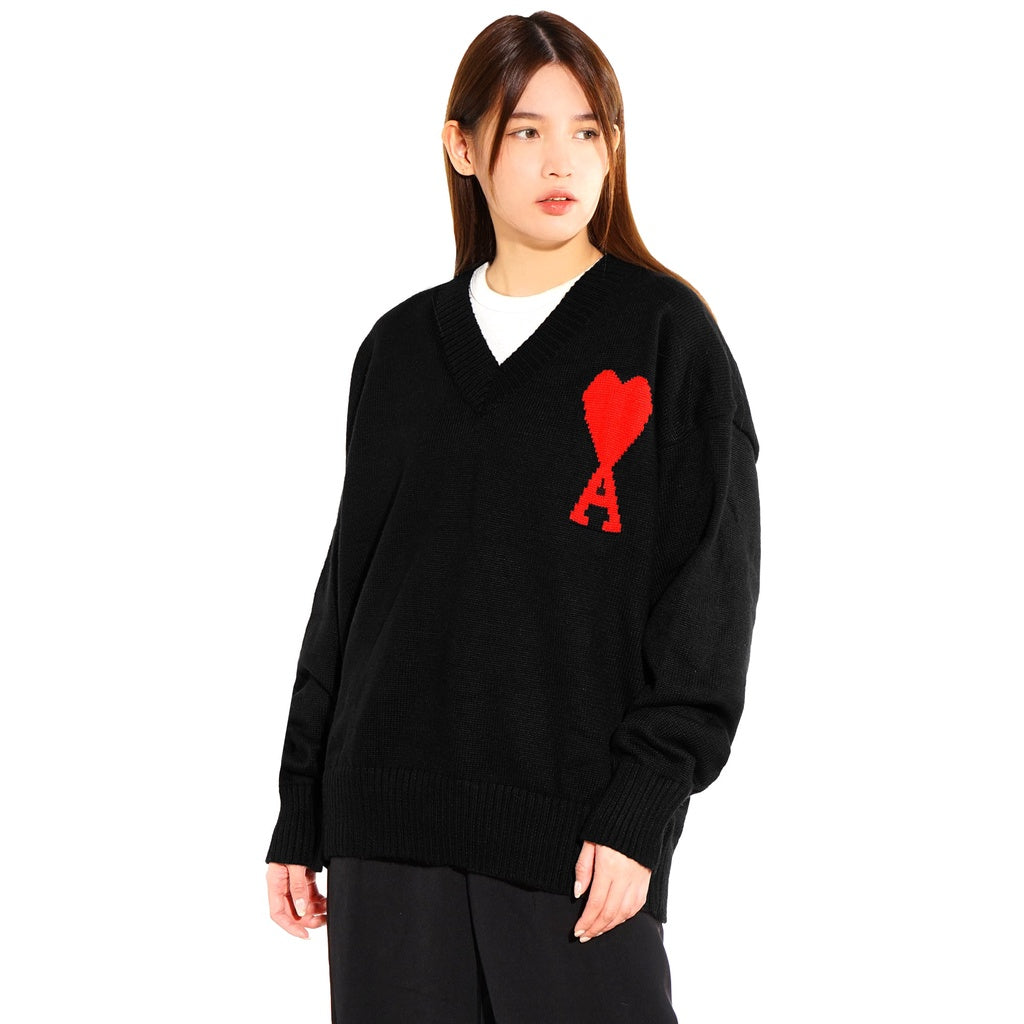 AMI Red Heart Knitted V-Neck Sweater