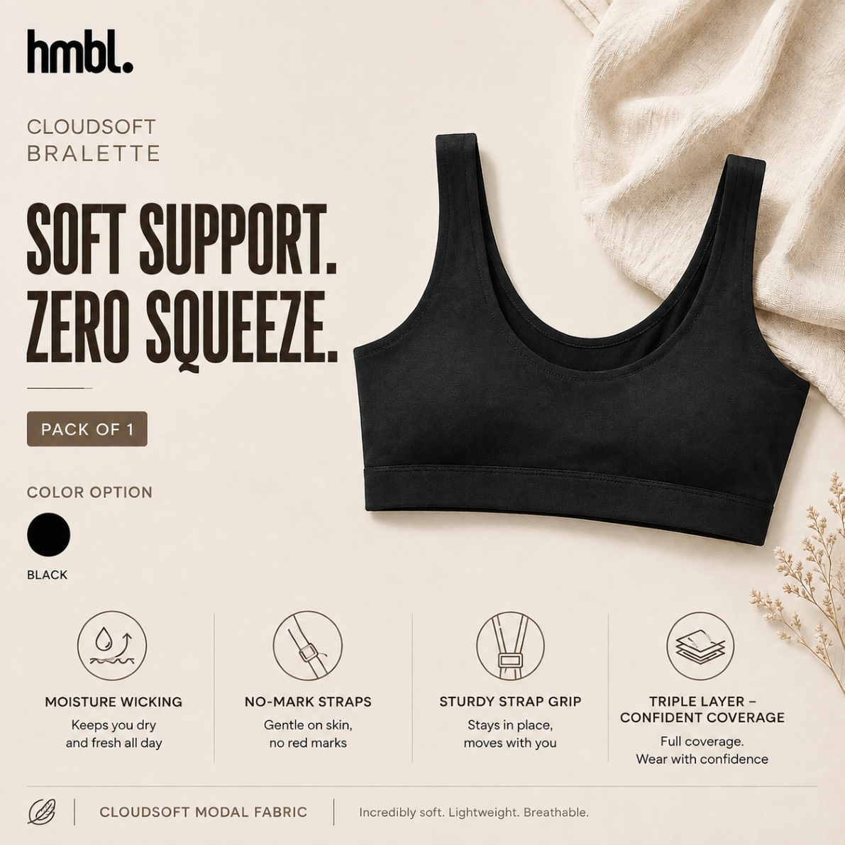 Comfort Daily Bralette Wanita 1 PC , Modal Innerwear, Nyaman, Premium, Soft, Lightweight, Loungewear, Sleepwear