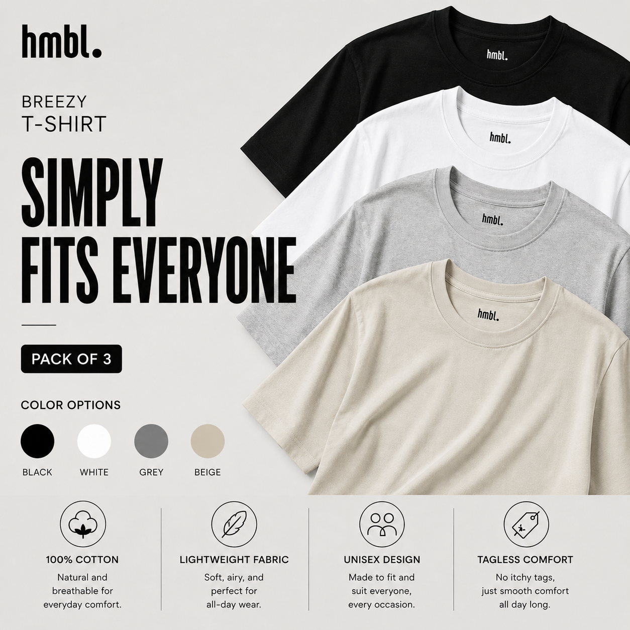 hmbl Breezy Cotton T-shirt 3 PCS, Kaos Unisex Adem, 100% Cotton