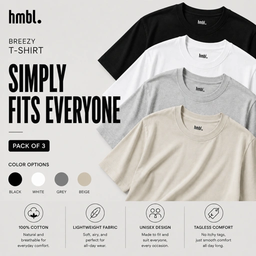 hmbl Breezy Cotton T-shirt 3 PCS, Kaos Unisex Adem, 100% Cotton
