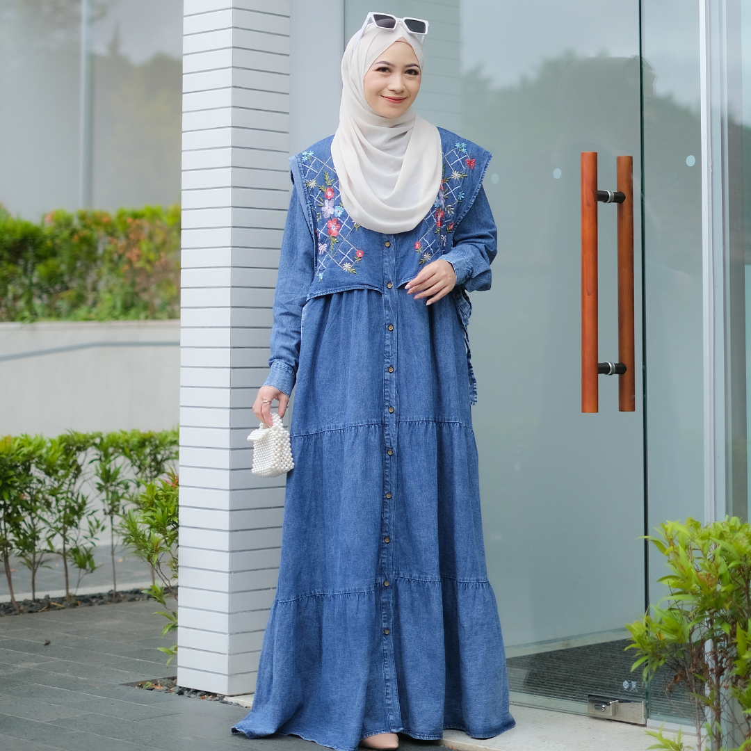 SALMA DRESS Gamis Lebaran Terbaru 2025 Bahan Jeans Premium Import Busui Friendly Bordir Muslim Panjang Wanita Motif Nyaman Maxi Fit