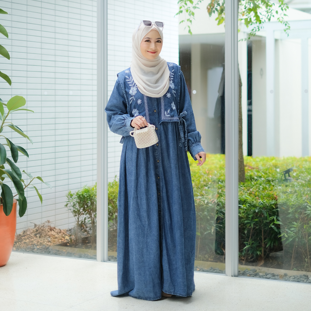 SALMA DRESS Gamis Lebaran Terbaru 2025 Bahan Jeans Premium Import Busui Friendly Bordir Muslim Panjang Wanita Motif Nyaman Maxi Fit