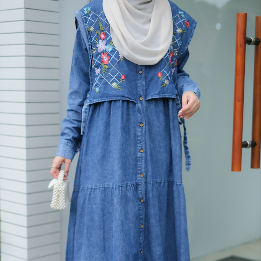 SALMA DRESS Gamis Lebaran Terbaru 2025 Bahan Jeans Premium Import Busui Friendly Bordir Muslim Panjang Wanita Motif Nyaman Maxi Fit