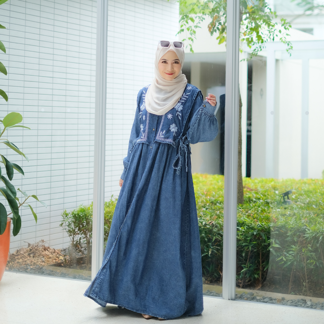 SALMA DRESS Gamis Lebaran Terbaru 2025 Bahan Jeans Premium Import Busui Friendly Bordir Muslim Panjang Wanita Motif Nyaman Maxi Fit