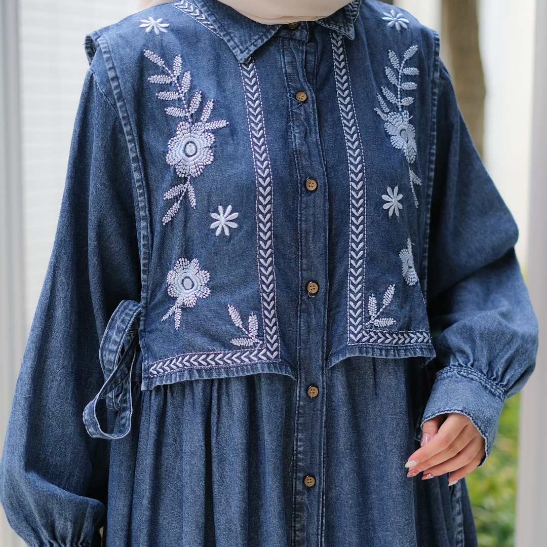 SALMA DRESS Gamis Lebaran Terbaru 2025 Bahan Jeans Premium Import Busui Friendly Bordir Muslim Panjang Wanita Motif Nyaman Maxi Fit