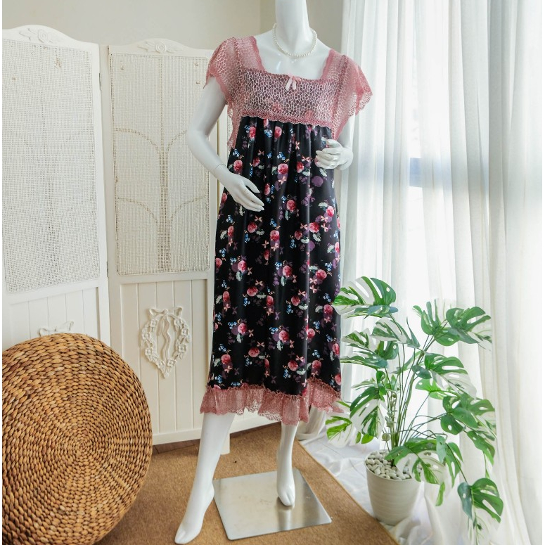 HURREM Homedress Wanita Korean Style Bahan Silk Premium Kombinasi Brokat Non Busui