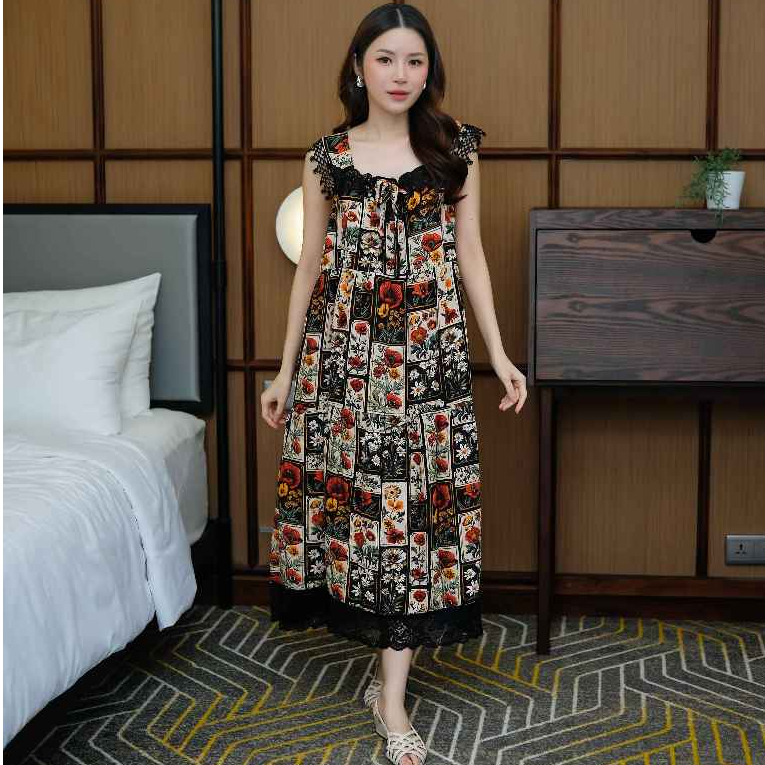 EMILY Sleepwear Long Dress Wanita Ala Korea Bahan Rayon Busui Nyaman