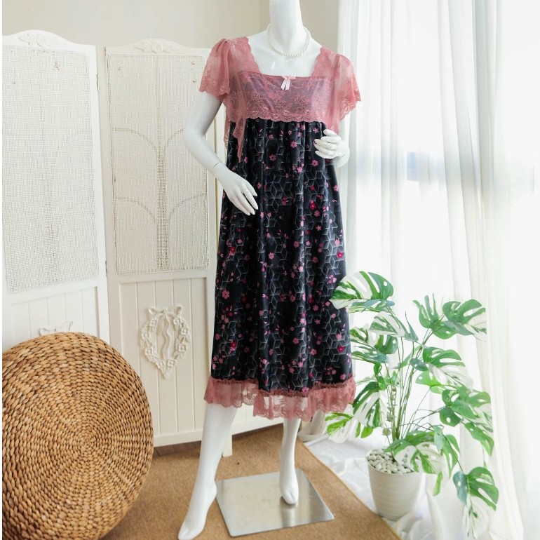 HURREM Homedress Wanita Korean Style Bahan Silk Premium Kombinasi Brokat Non Busui