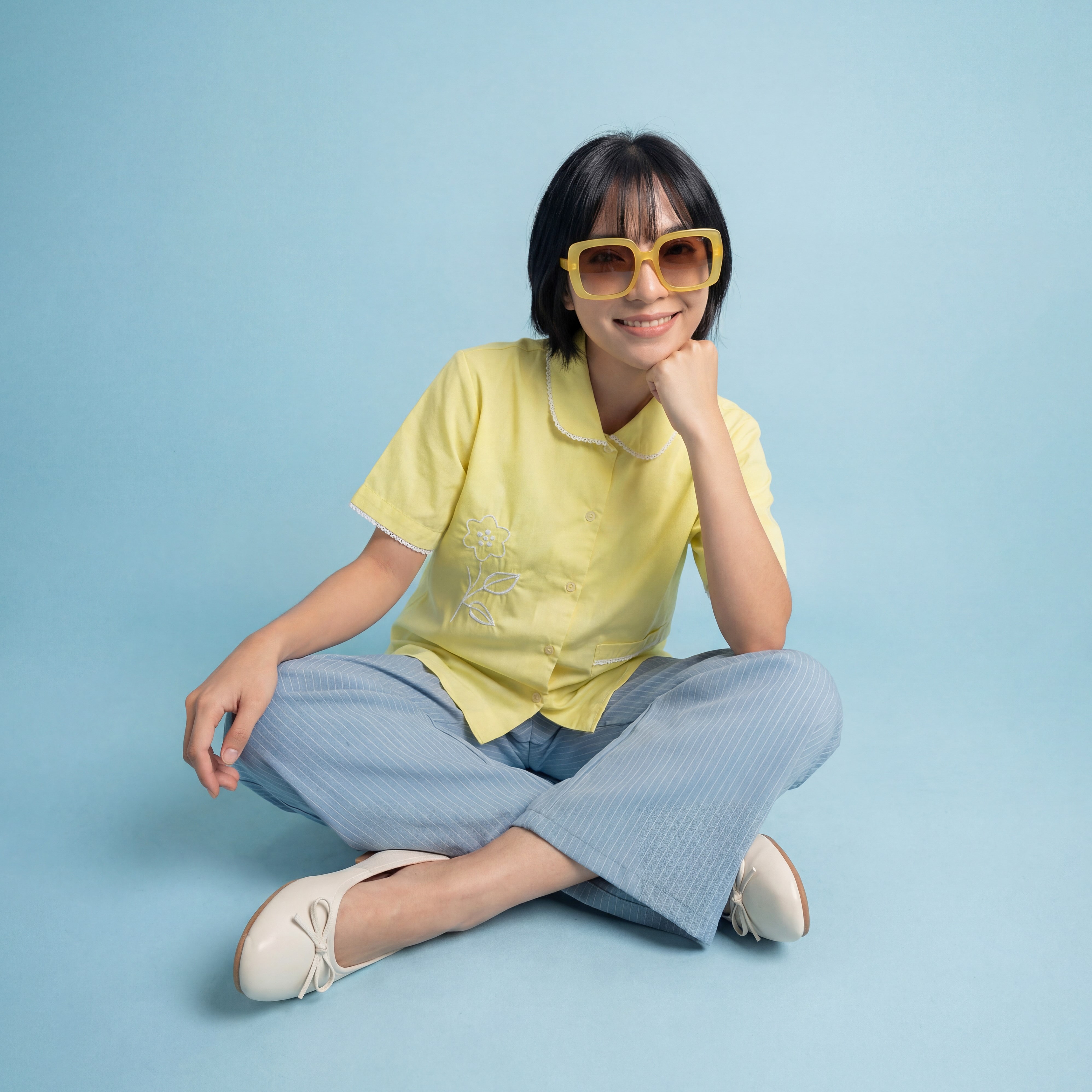 ZKYNIT - Hara Shirt  Atasan Wanita Kemeja Wanita Kemeja Bordir Lucu