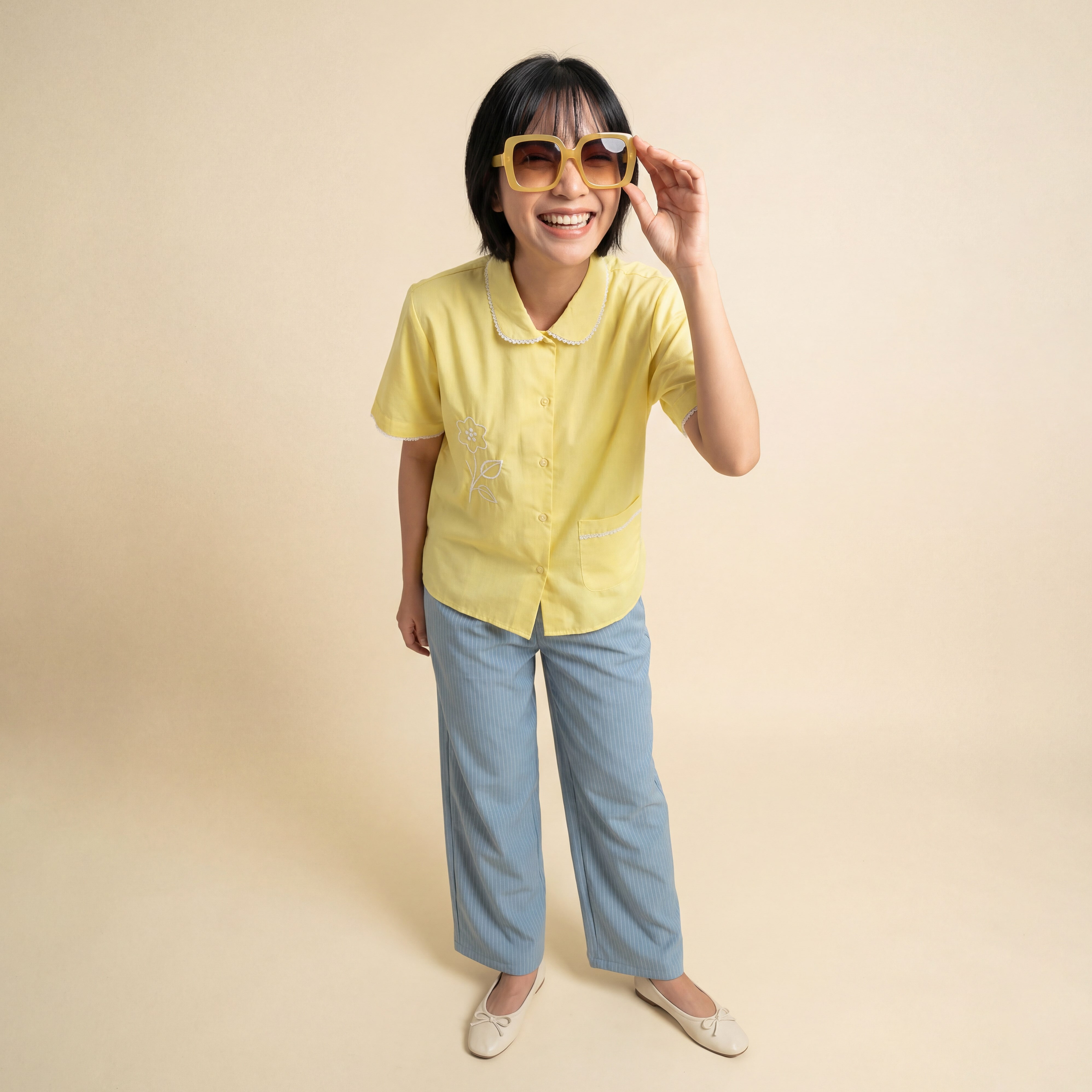 ZKYNIT - Hara Shirt  Atasan Wanita Kemeja Wanita Kemeja Bordir Lucu