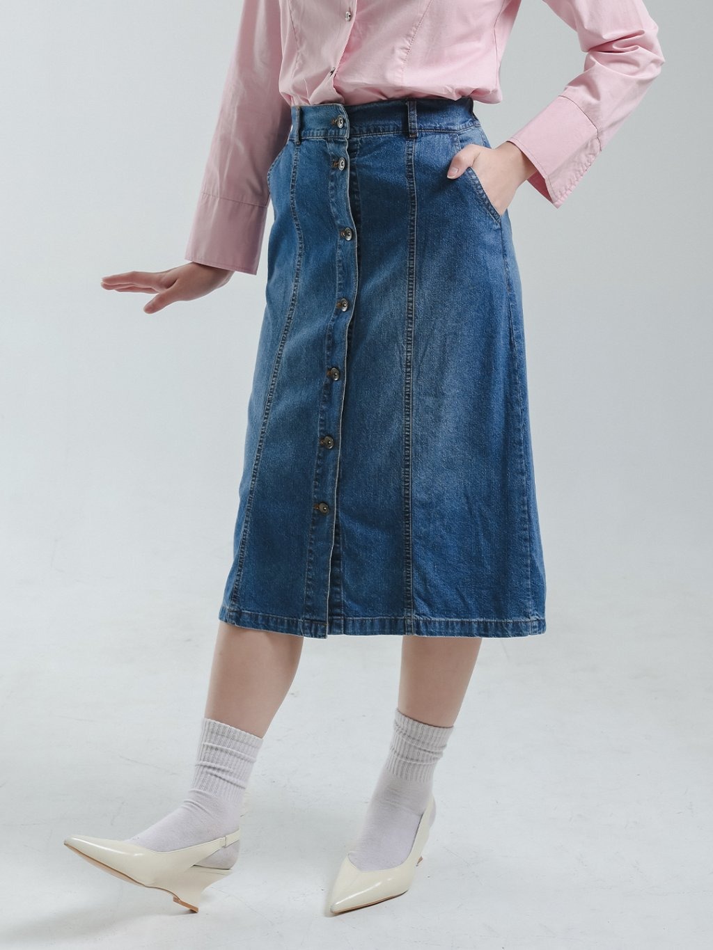 EXIT Eira Midi Denim Skirt | Rok Pendek Wanita - Warna Navy