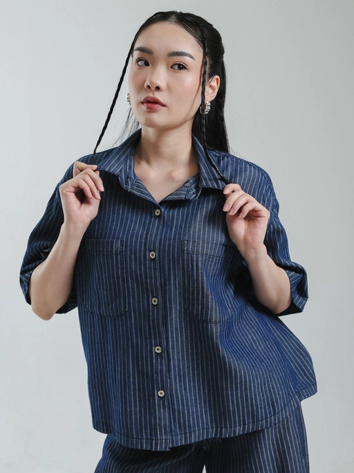 EXIT Nerina Denim Blouse | Kemeja Wanita - Atasan Lengan Pendek