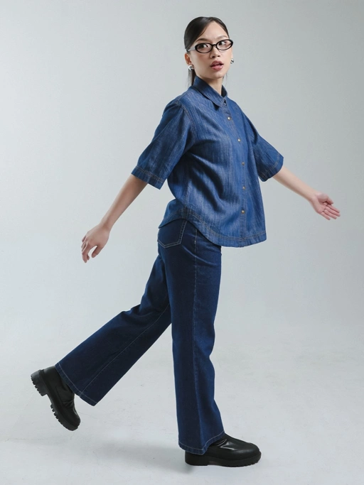 EXIT Zelia Denim Blouse | Kemeja Wanita - Atasan Lengan Pendek