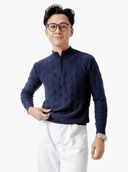 Image of Navy Cable Diamond Zip Mockneck Knitwear
