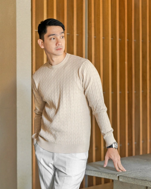 Image of Beige Viscose Cable Crewneck Knitwear