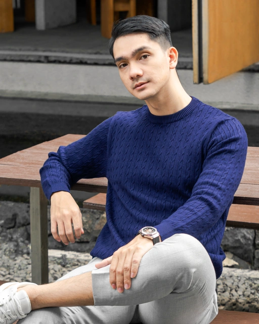 Image of Indigo Blue Viscose Cable Crewneck Knitwear
